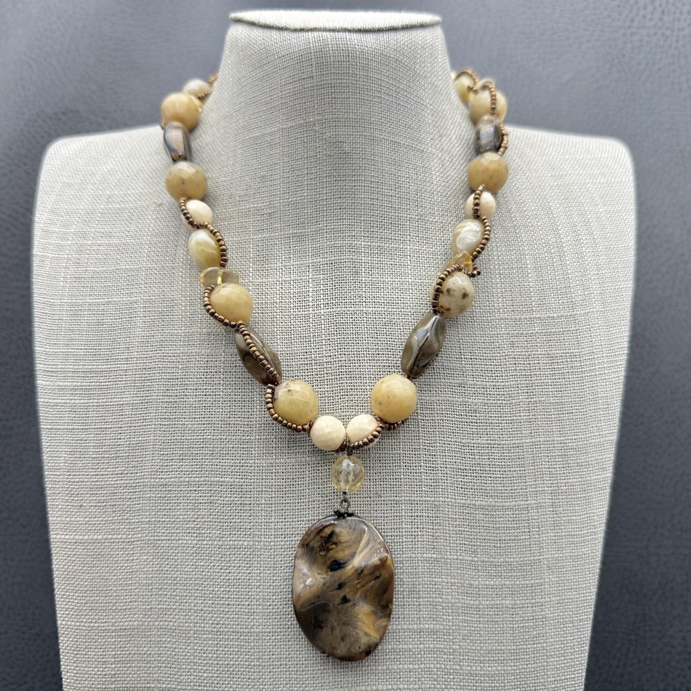 Cookie Lee Necklace Statement Brown Cream Beaded Pendant Boho Chunky Fashion 18"